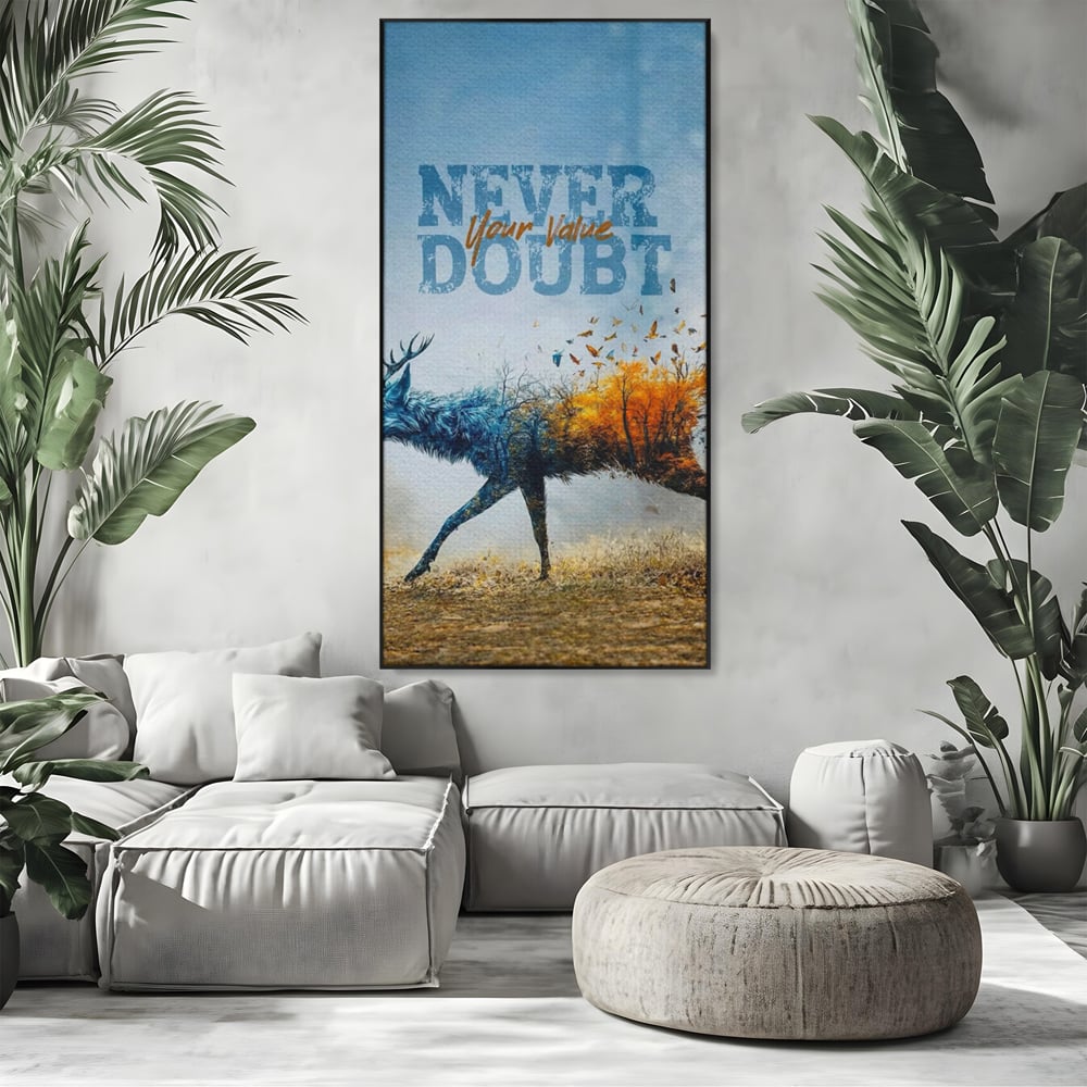 Tablou canvas cu tablou canvas cu cerb si padure, in rama de aluminiu negru, pe perete intr-un living